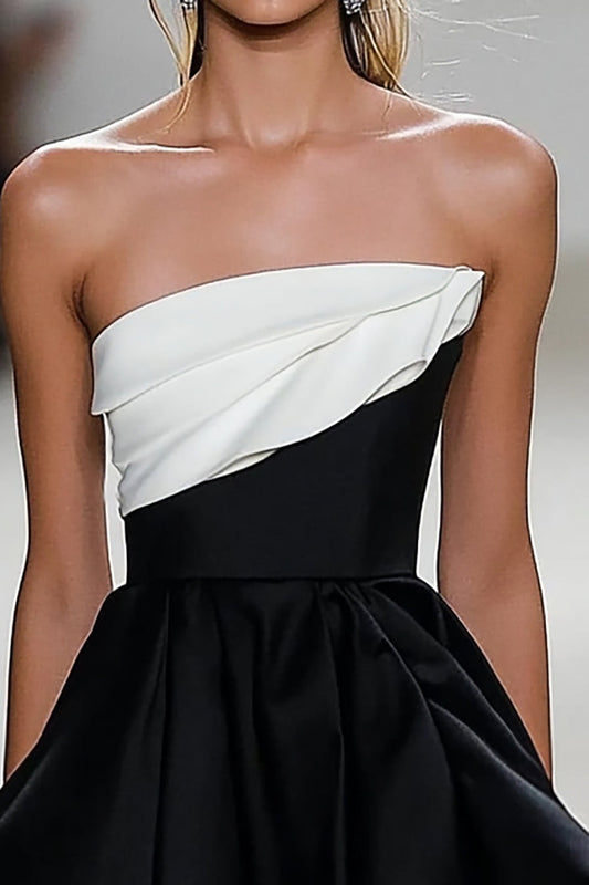Black White A Line Square Neck Satin Short Cocktail Dress with Ruffles