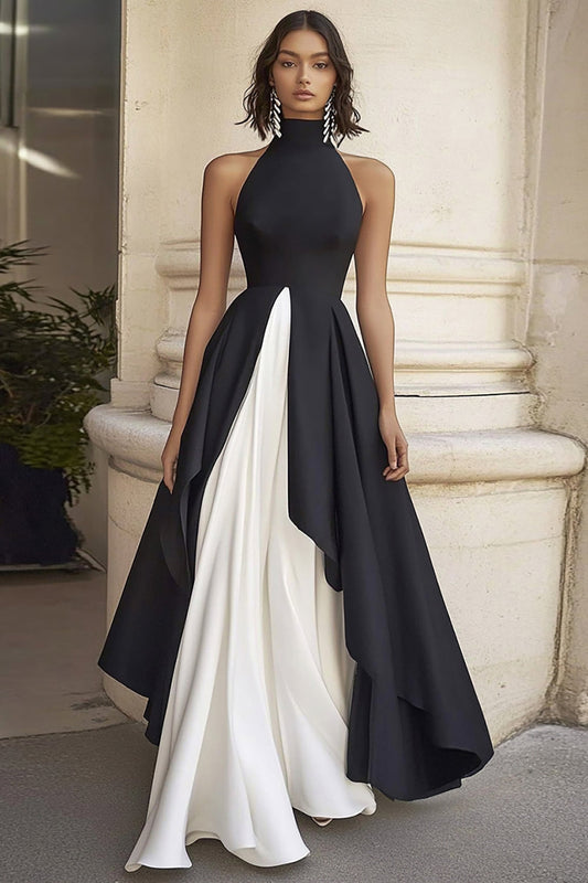 Black White A Line High Neck Satin Formal Dress Sleeveless Long Evening Dress