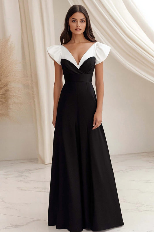 Black White A Line V-Neck Satin Long Formal Dress with Cap Sleeves