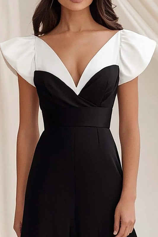 Black White A Line V-Neck Satin Long Formal Dress with Cap Sleeves