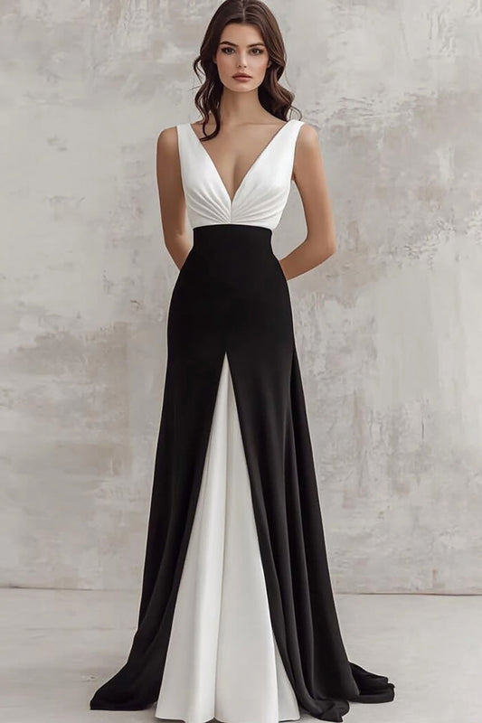 Black White A Line Satin Deep V-Neck Ruched Long Formal Dress