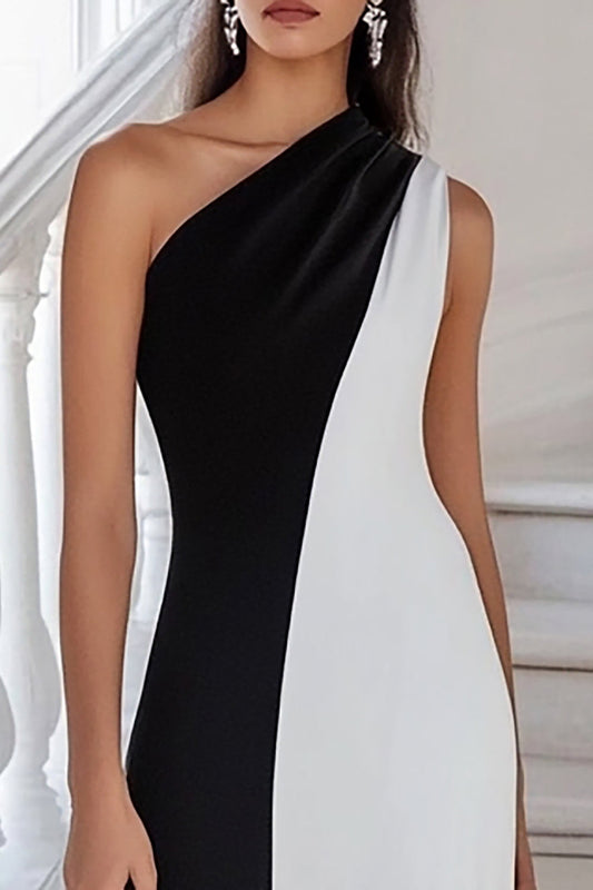 Black White One Shoulder Long Sheath Formal Dress