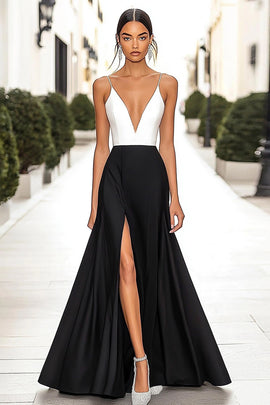 Black White A Line Deep V-Neck Satin Long Formal Dress with Slit