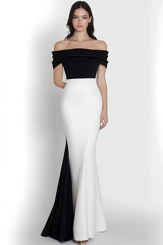 Black White Off the Shoulder Mermaid Satin Long Formal Dress