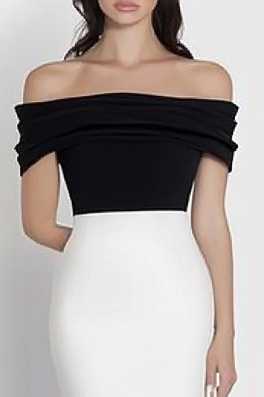 Black White Off the Shoulder Mermaid Satin Long Formal Dress