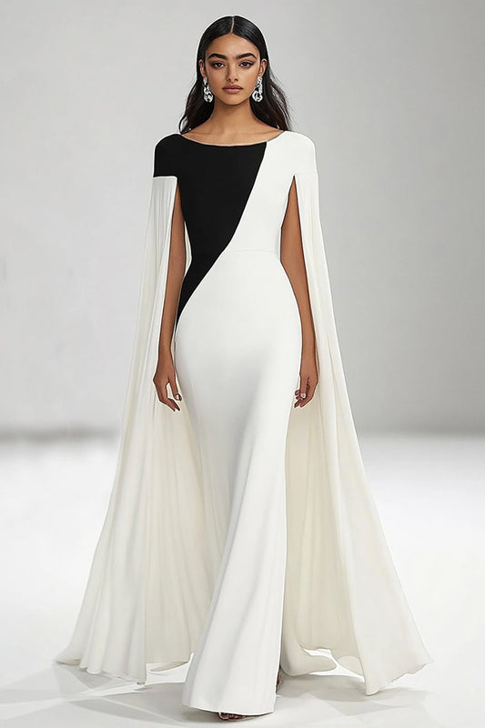 Black White Sheath Long Boat Neck Formal Dress with Cape