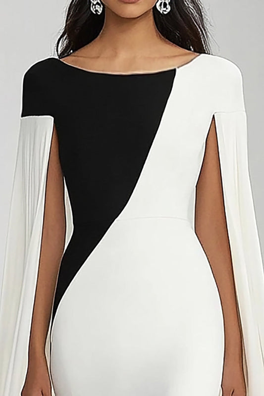 Black White Sheath Long Boat Neck Formal Dress with Cape