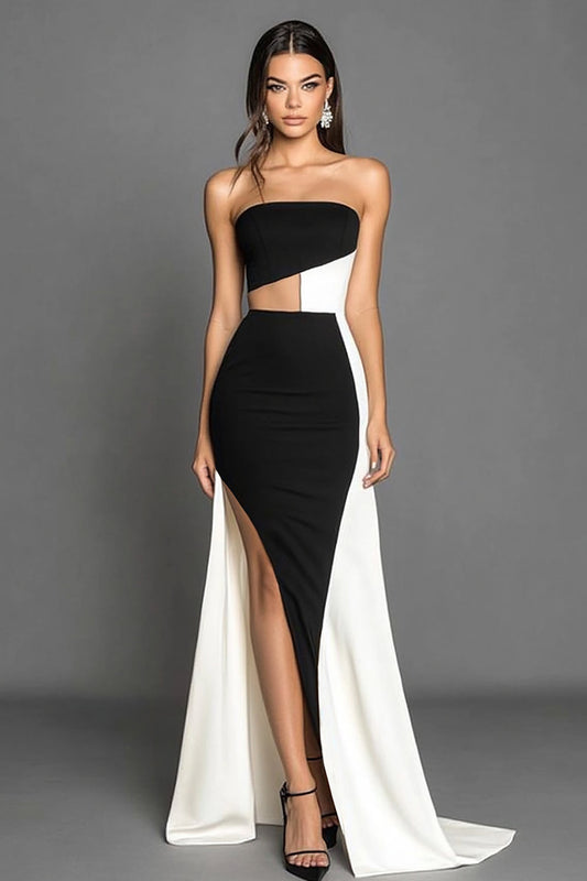 Black White Sheath Satin Long Strapless Formal Dress with Slit