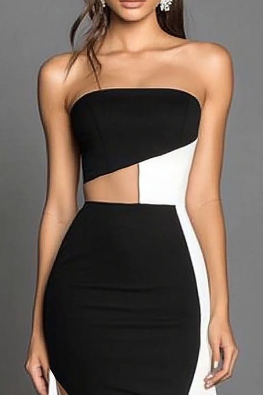 Black White Sheath Satin Long Strapless Formal Dress with Slit