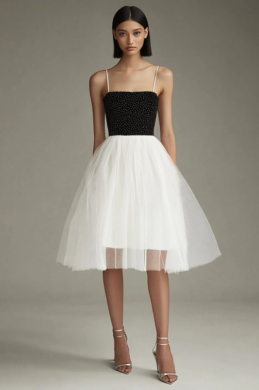 Black White A Line Tulle Square Neck Midi Graduation Dress