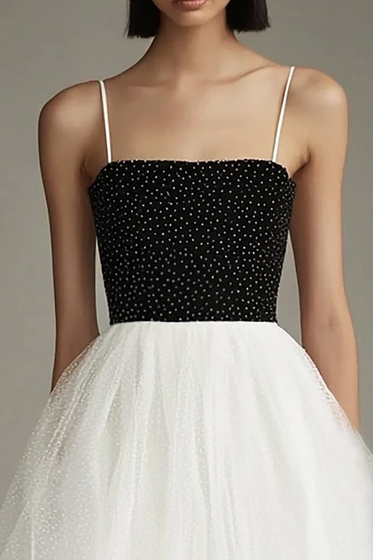 Black White A Line Tulle Square Neck Midi Graduation Dress
