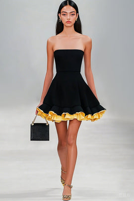 Black A Line Strapless Satin Short Ruffled Graduation Dress