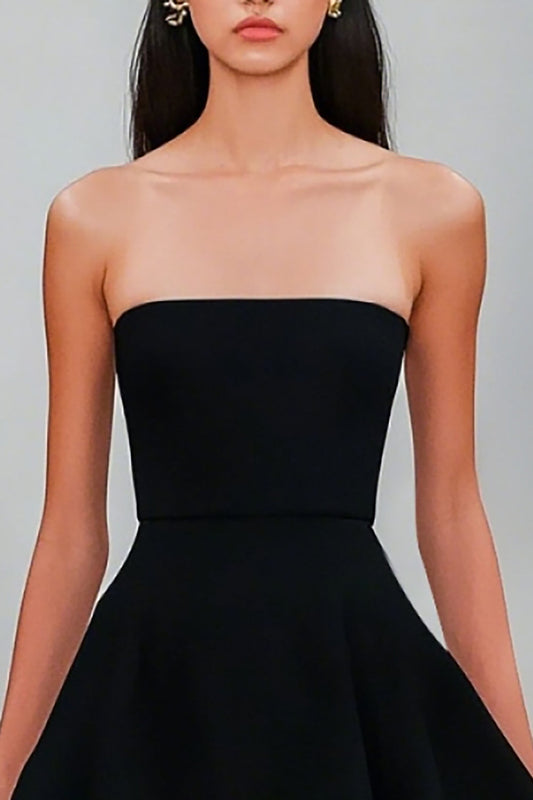 Black A Line Strapless Satin Short Ruffled Graduation Dress