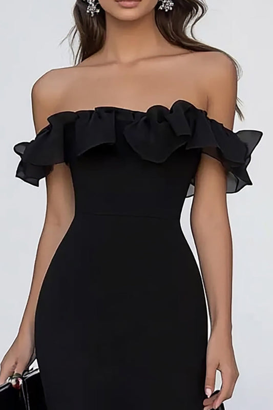 Black Mermaid Off the Shouler Long Formal Dress with Ruffles