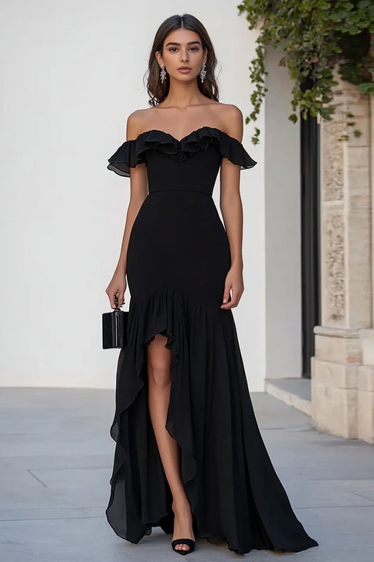 Black Chiffon Off the Shoulder Long Mermaid Formal Dress with Slit