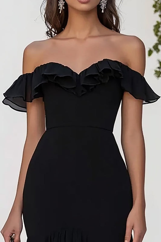 Black Chiffon Off the Shoulder Long Mermaid Formal Dress with Slit
