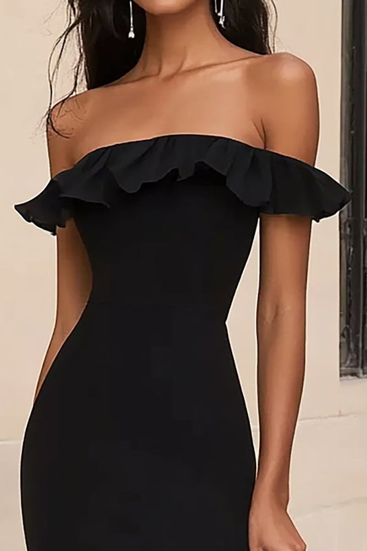 Black Ruffled Off the Shoulder Long Mermaid Formal Dress with Slit