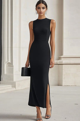 Black Scoop Neck Satin Long Formal Dress with Slit