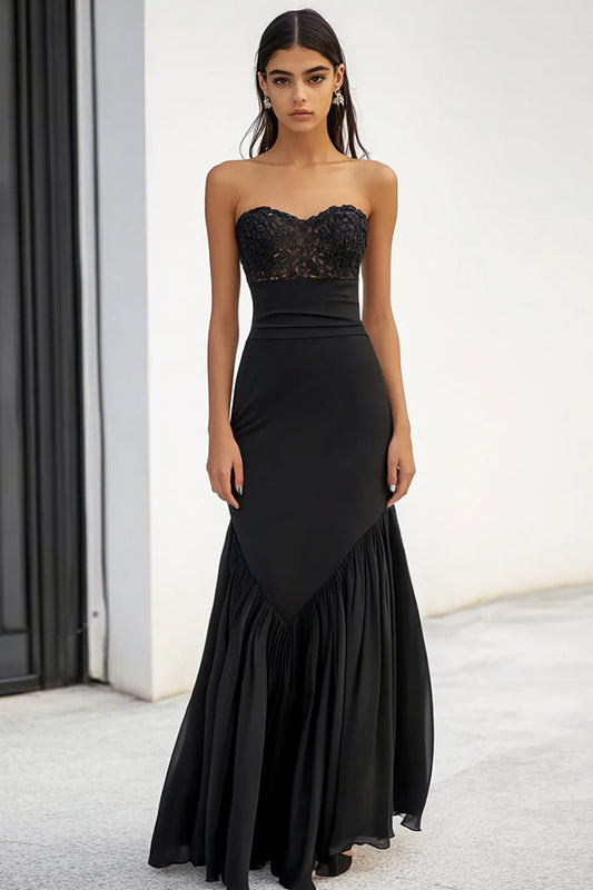 Black Sweetheart Long Sheath Formal Dress with Appliques