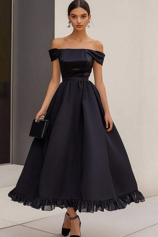 Black Satin A Line Long Off the Shoulder Formal Dress with Ruffles