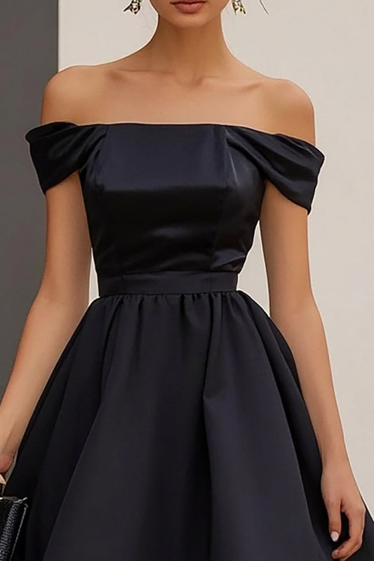 Black Satin A Line Long Off the Shoulder Formal Dress with Ruffles