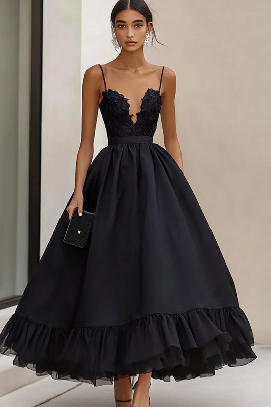 Black Ruffled Satin Long A Line Formal Dress with Appliques