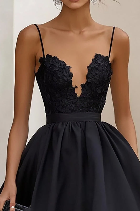 Black Ruffled Satin Long A Line Formal Dress with Appliques