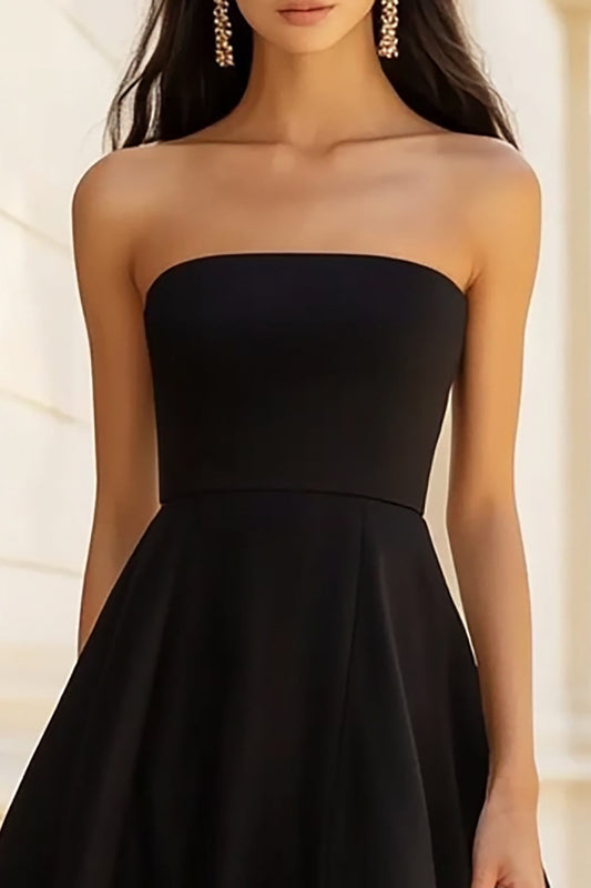 Black A Line Satin Long Strapless Formal Dress with Slit