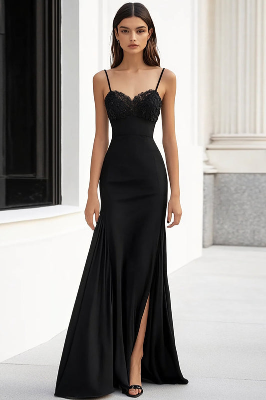 Black Satin Sheath Long Spaghetti Straps Formal Dress with Appliques