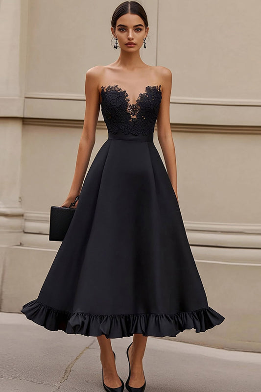 Black Satin A Line Long Ruffled Formal Dress with Appliques