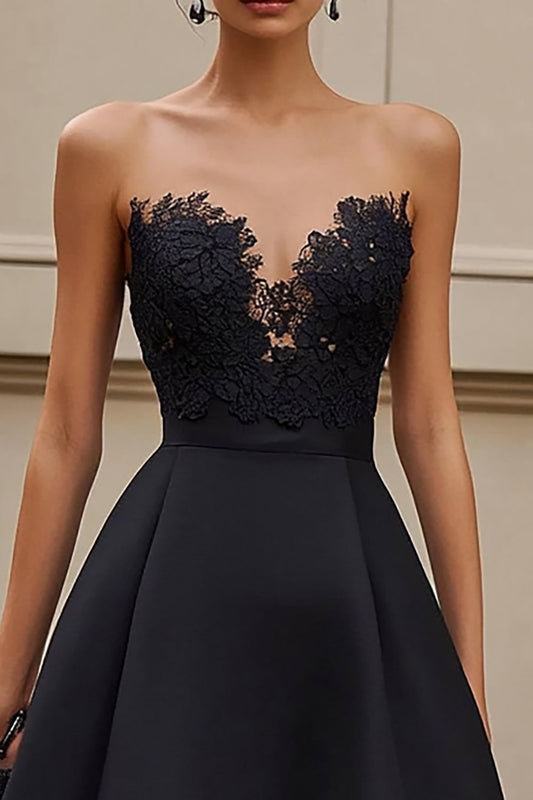 Black Satin A Line Long Ruffled Formal Dress with Appliques