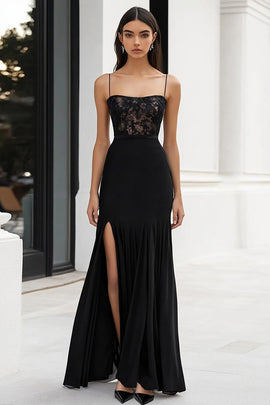 Black Spaghetti Straps Long Sheath Formal Dress with Appliques