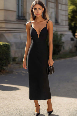 Black Sheath Satin Spaghetti Straps Long Formal Dress