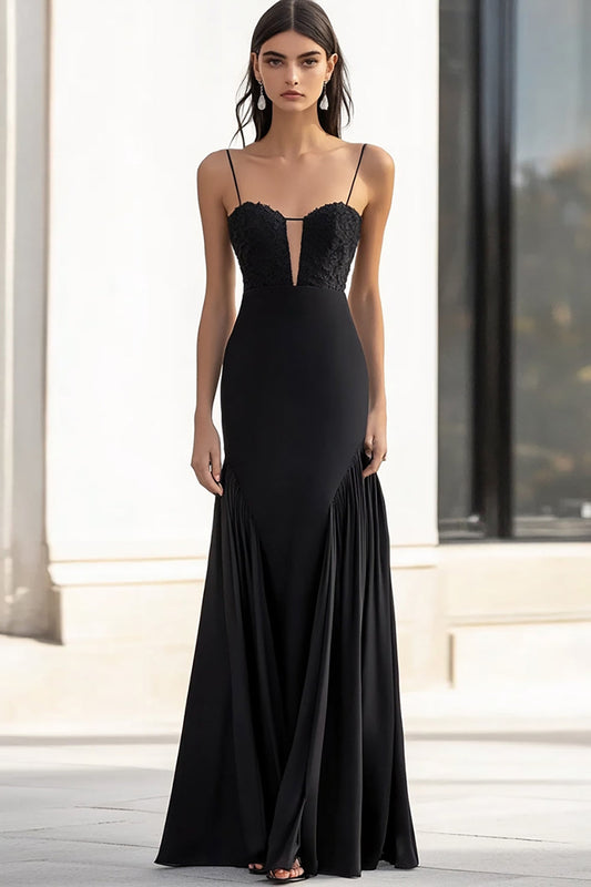 Sheath Black Spaghetti Straps Long Formal Dress with Appliques
