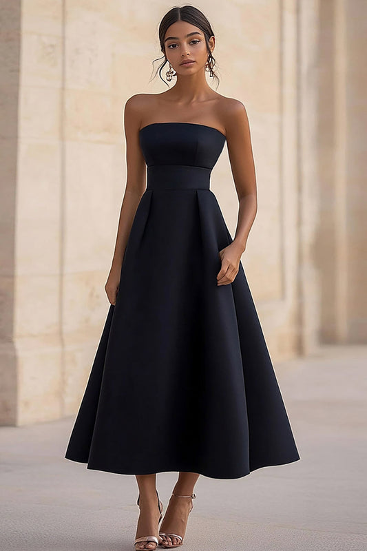 Black Satin A Line Strapless Long Formal Dress