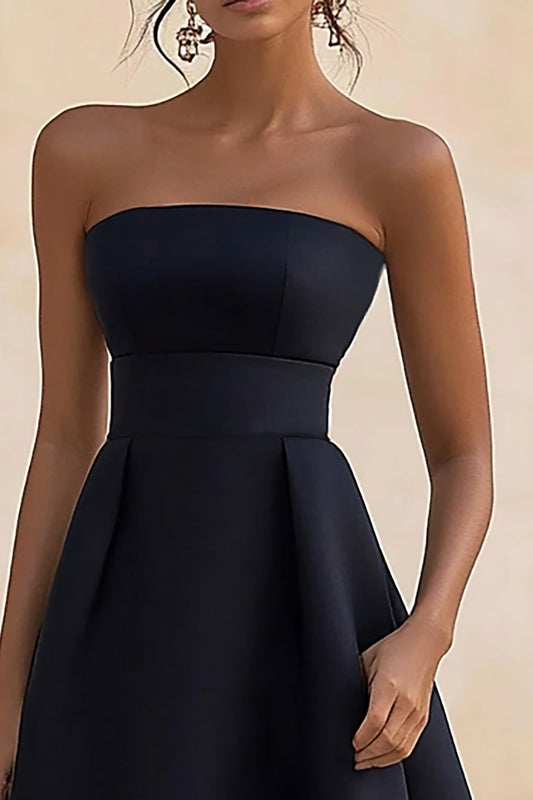 Black Satin A Line Strapless Long Formal Dress