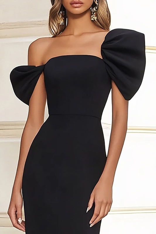 Black Satin Mermaid Off the Shoulder Long Formal Dress with Slit