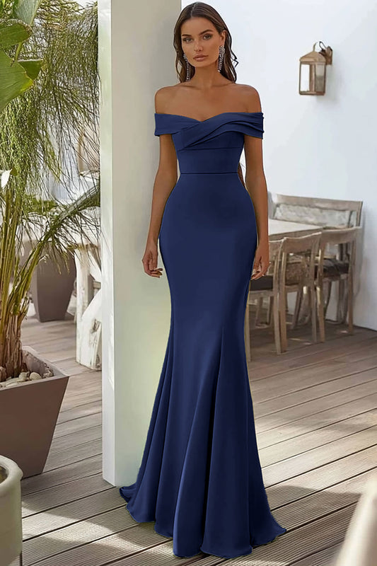 Navy Off the Shoulder Mermaid Long Satin Formal Dress