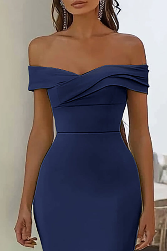 Navy Off the Shoulder Mermaid Long Satin Formal Dress