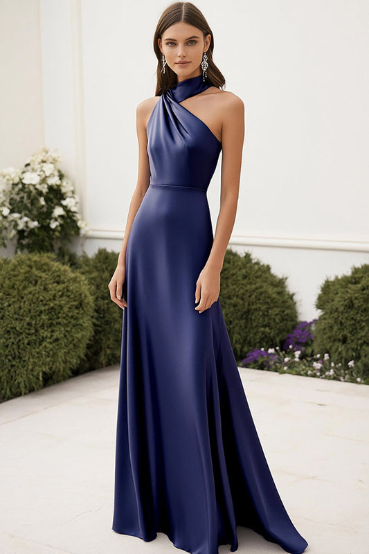 Navy Satin Halter A Line Ruched Long Formal Dress