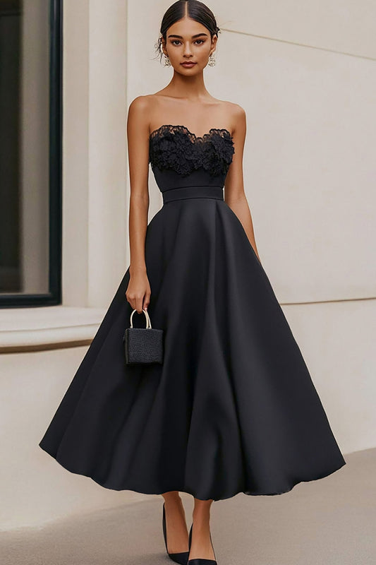 Black Strapless A Line Long Satin Formal Dress with Lace