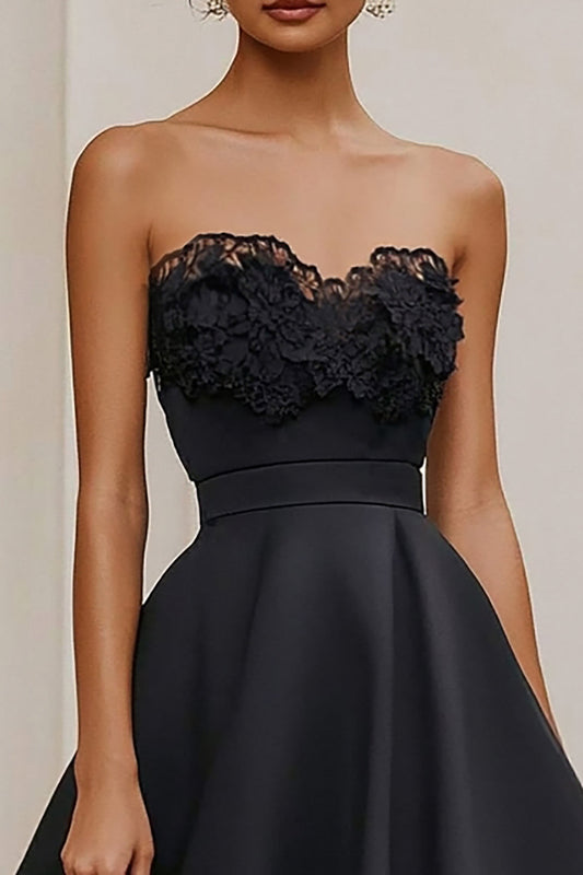 Black Strapless A Line Long Satin Formal Dress with Lace