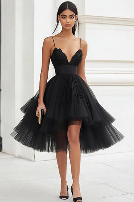 Black Tulle Spaghetti Straps High-Low A Line Graduation Dress