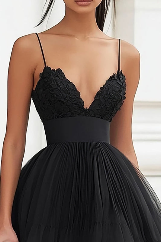Black Tulle Spaghetti Straps High-Low A Line Graduation Dress
