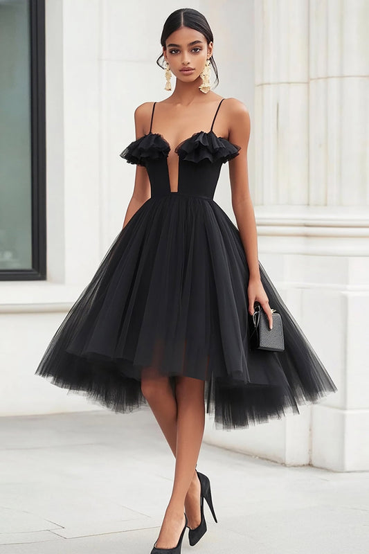 Black A Line Short Tulle Graduation Dress with Ruffles