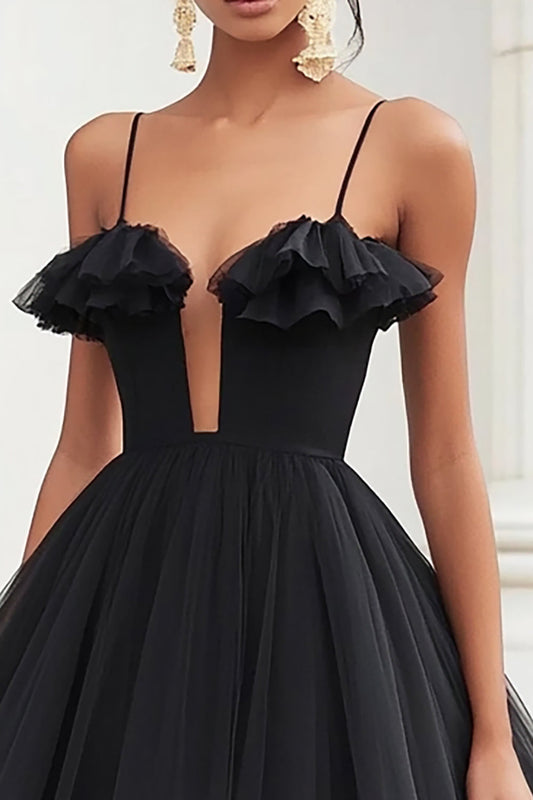 Black A Line Short Tulle Graduation Dress with Ruffles