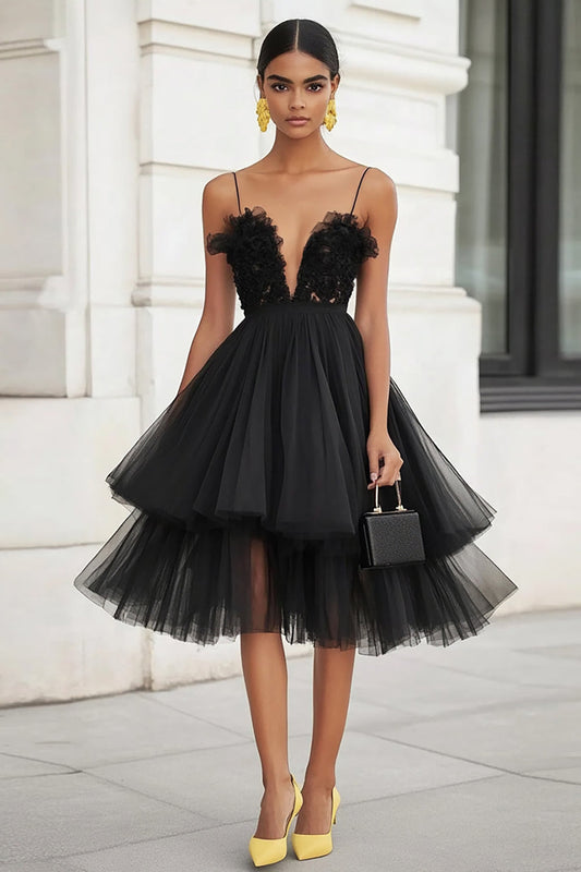 Black Tiered Tulle Ruffled Midi A Line Graduation Dress