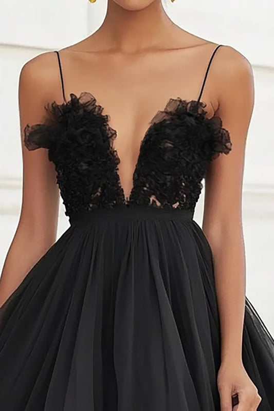 Black Tiered Tulle Ruffled Midi A Line Graduation Dress