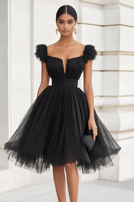 Black A Line Short Tulle Graduation Dress with Ruffles