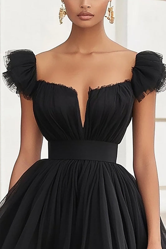 Black A Line Short Tulle Graduation Dress with Ruffles